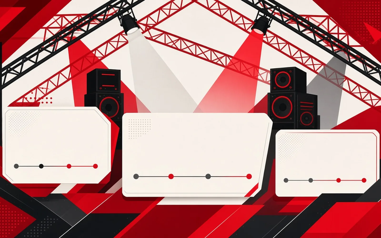 Events-Pricing-Karte — Bühnenops mit Traverse und Lautsprechern, leere Tier-Panels