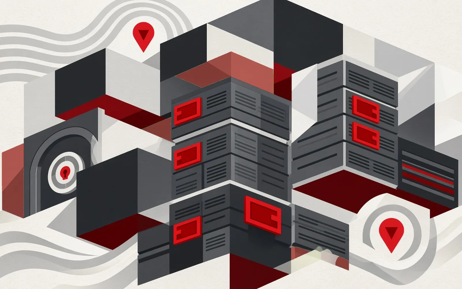 Hub-Datenschutz-Karte — abstrakte Vault- und Server-Rack-Geometrie mit roten Siegeln