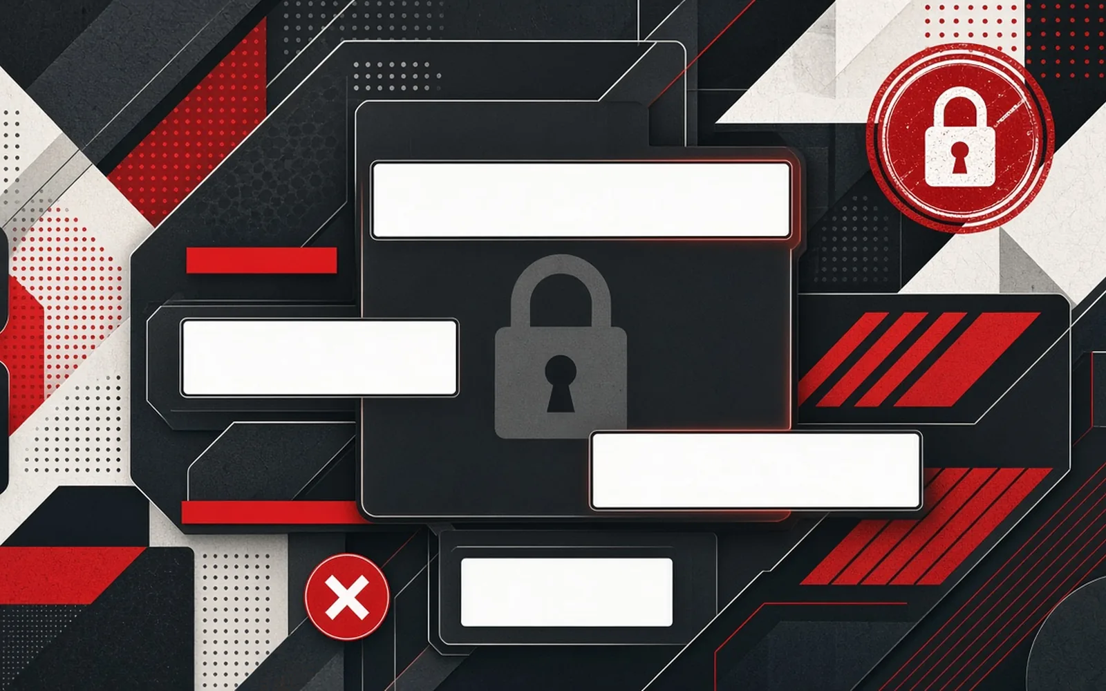 Anmelde-Ehrlichkeit-Karte — abstrakte leere Login-Panels mit Schloss und Vorsicht-Formen