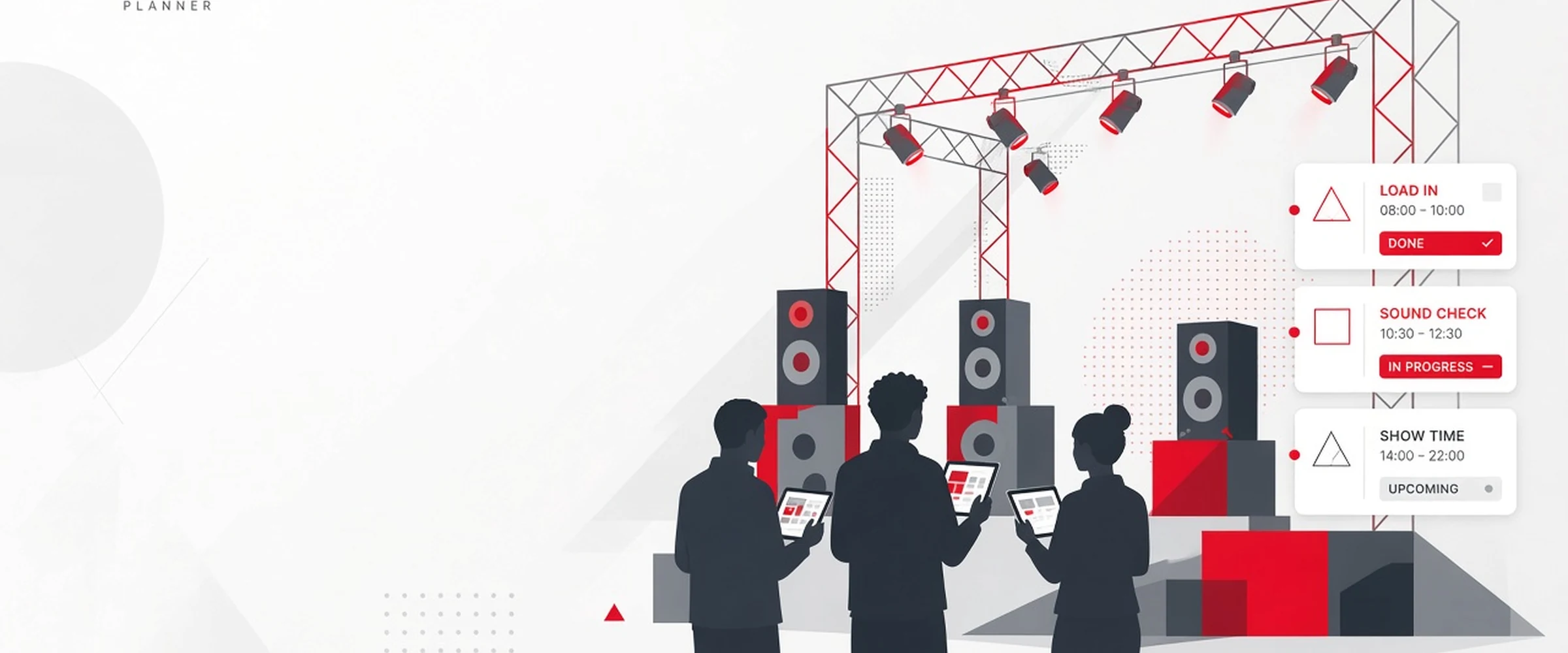 Events planner hero — stage and speaker stacks with timeline cards, no tickets