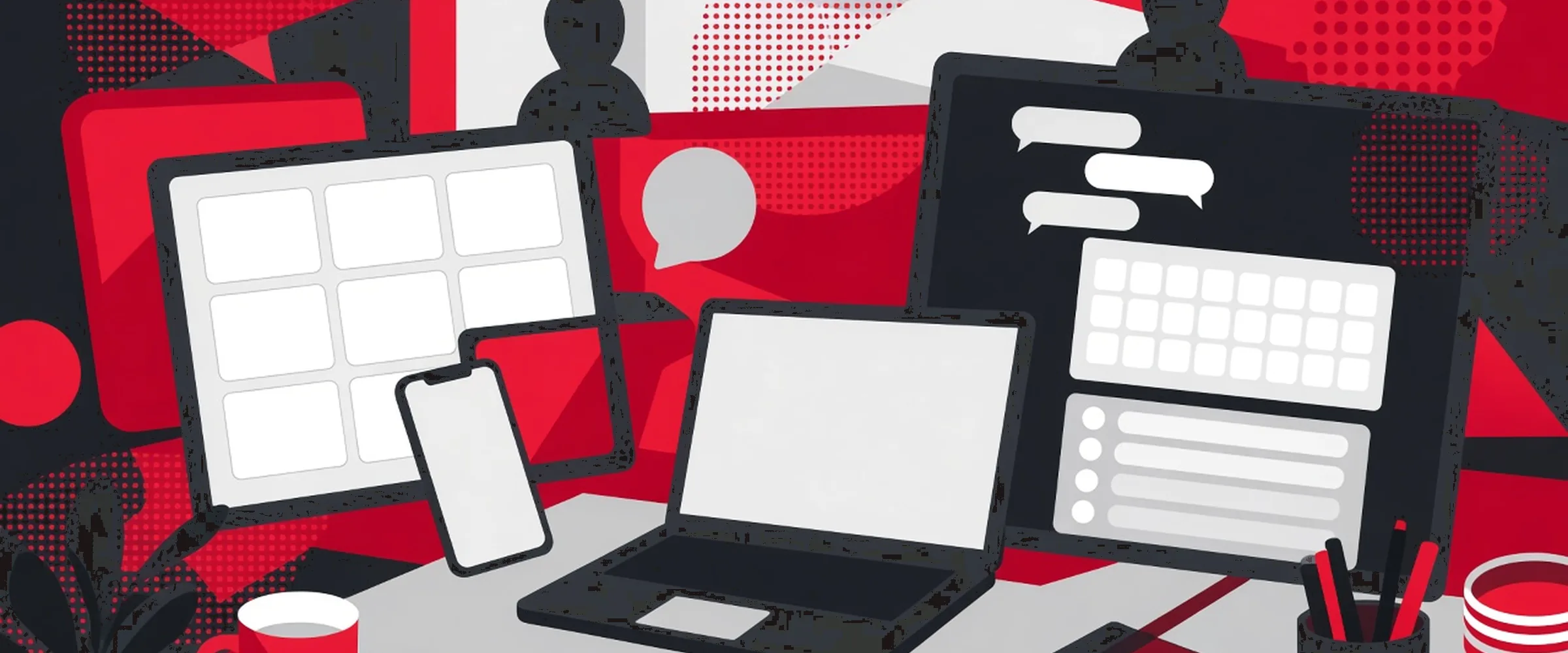 Features-Hero — abstrakte Hub-Schreibtisch-Geometrie in Plan-Rot