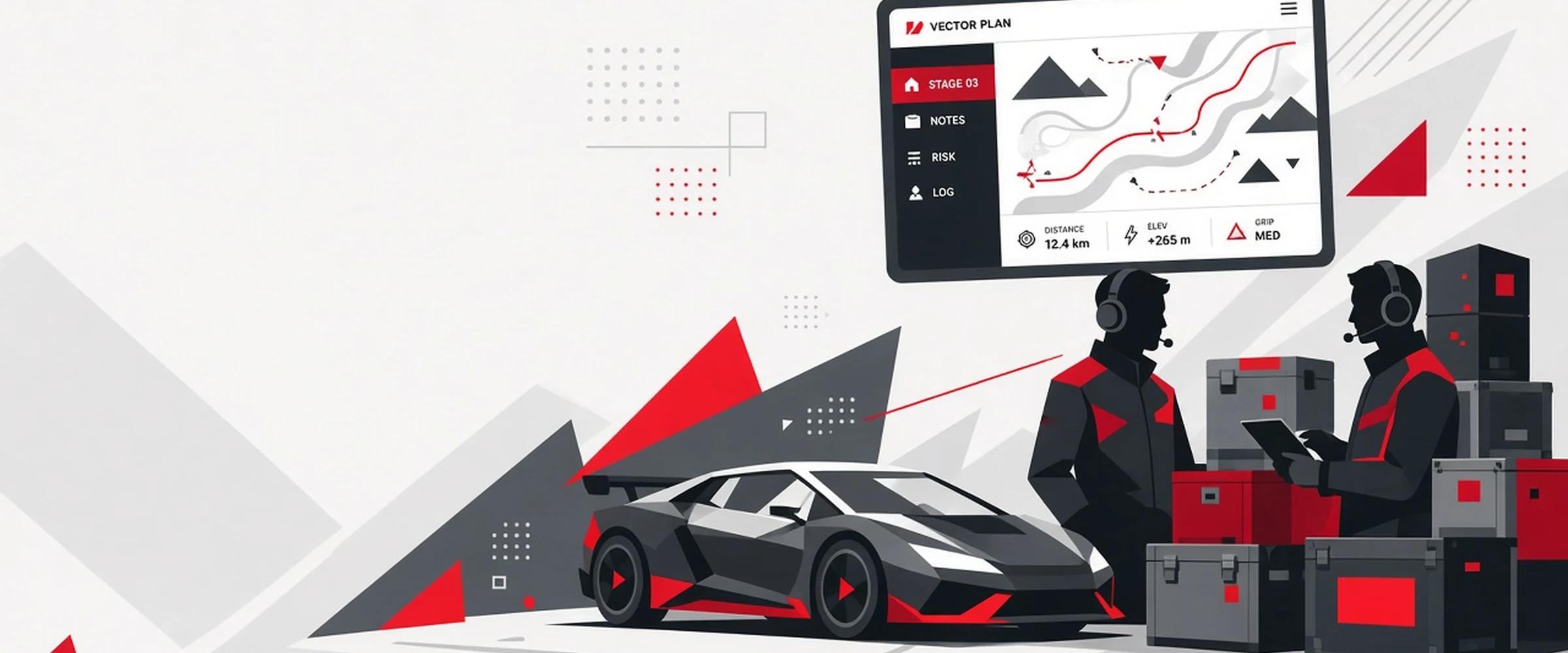 Motorsport-Planer-Hero — Rennops, Routenkarten-UI, Crew mit Headsets